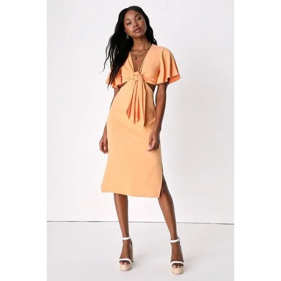 Orange Tie-Front Cutout Midi Dress | Womens | X-Small | Viscose/Linen | Lulus Orange Tie-Front Cutout Midi Dress | Womens | X-Small | Viscose/Linen | Lulus